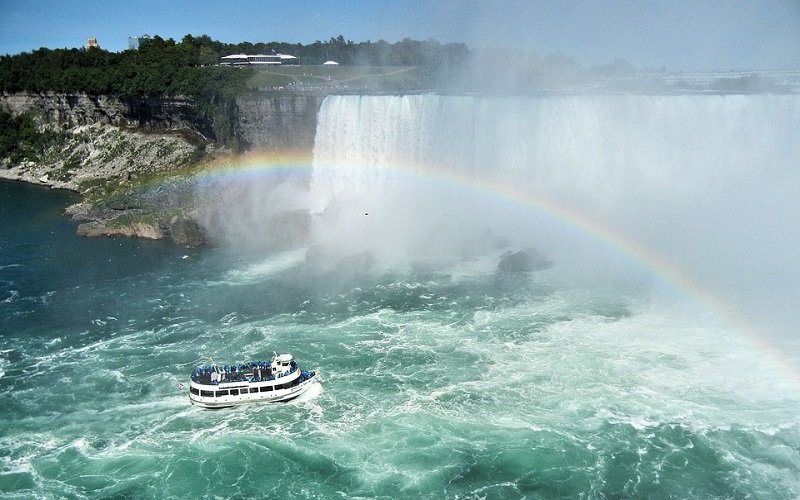 Maid of the Mist sailing with a rainbow in the back on a Niagara Falls Day Tour