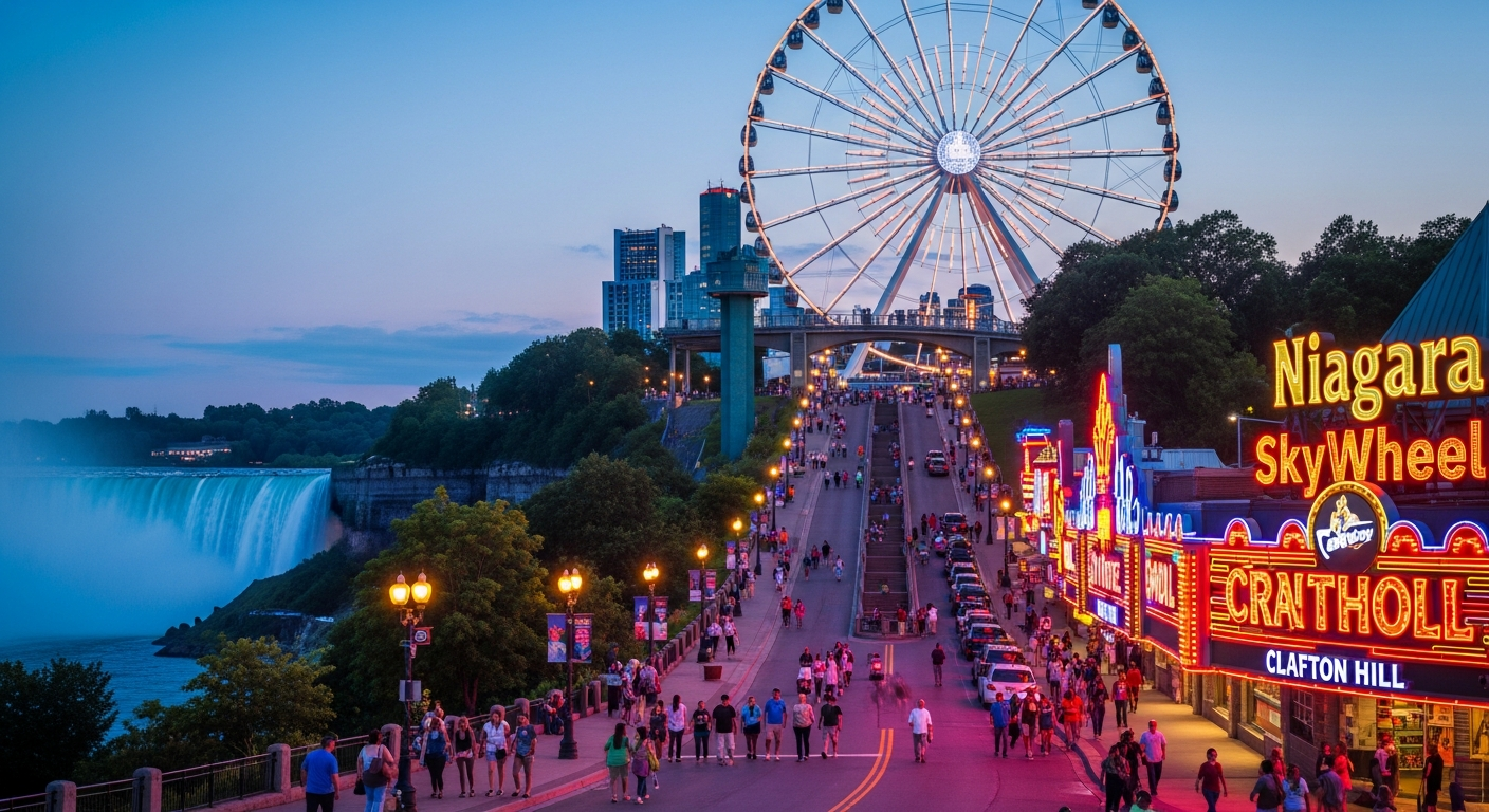 Clifton Hill in Niagara Falls Ontario at twilight, with the Niagara SkyWheel illuminated and Horseshoe Falls in the background