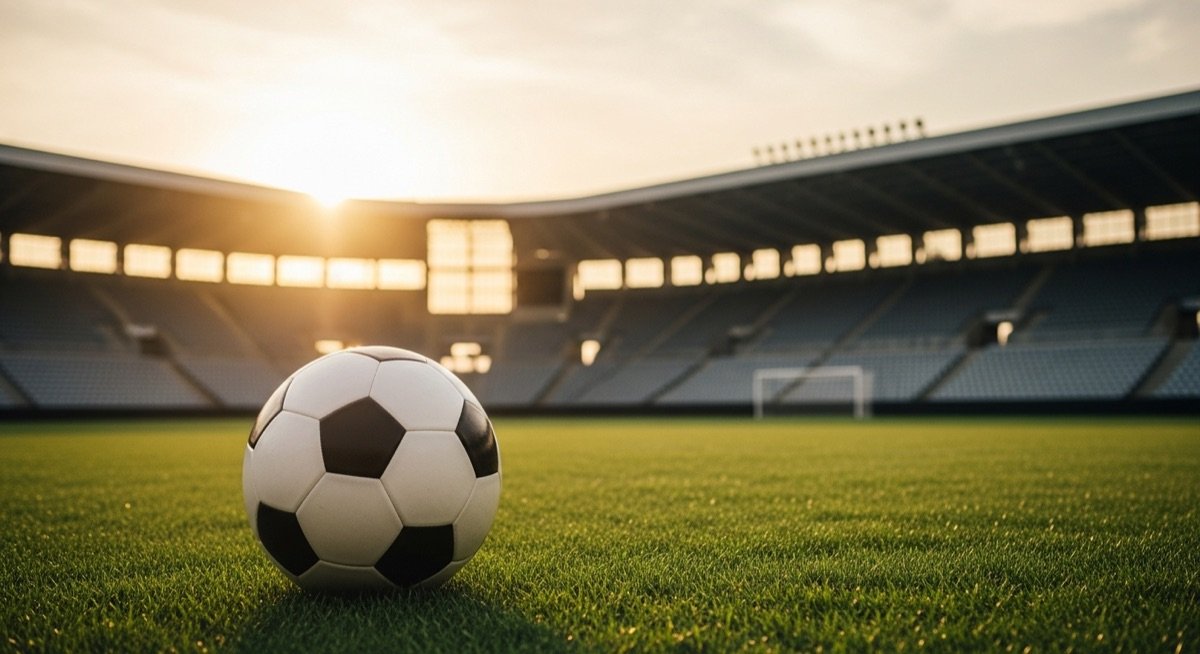 Soccer ball on a stadium pitch at sunset representing FIFA World Cup 2026 travel from New York to MetLife Stadium
