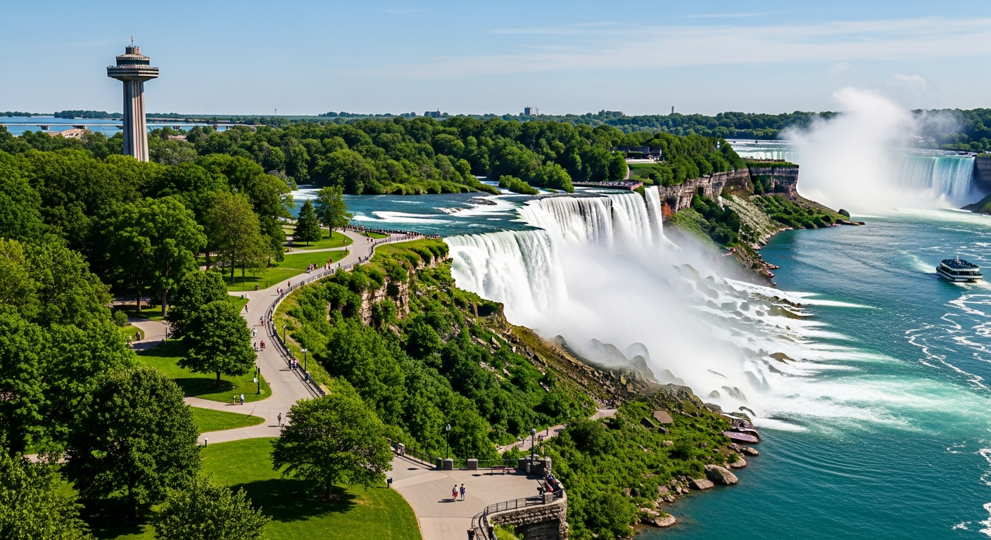 Niagara Falls State Park in summer, showing American Falls and Bridal Veil Falls from Prospect Point on Goat Island