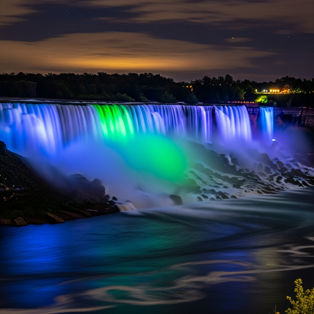 Niagara Falls illuminated at night with colorful lights