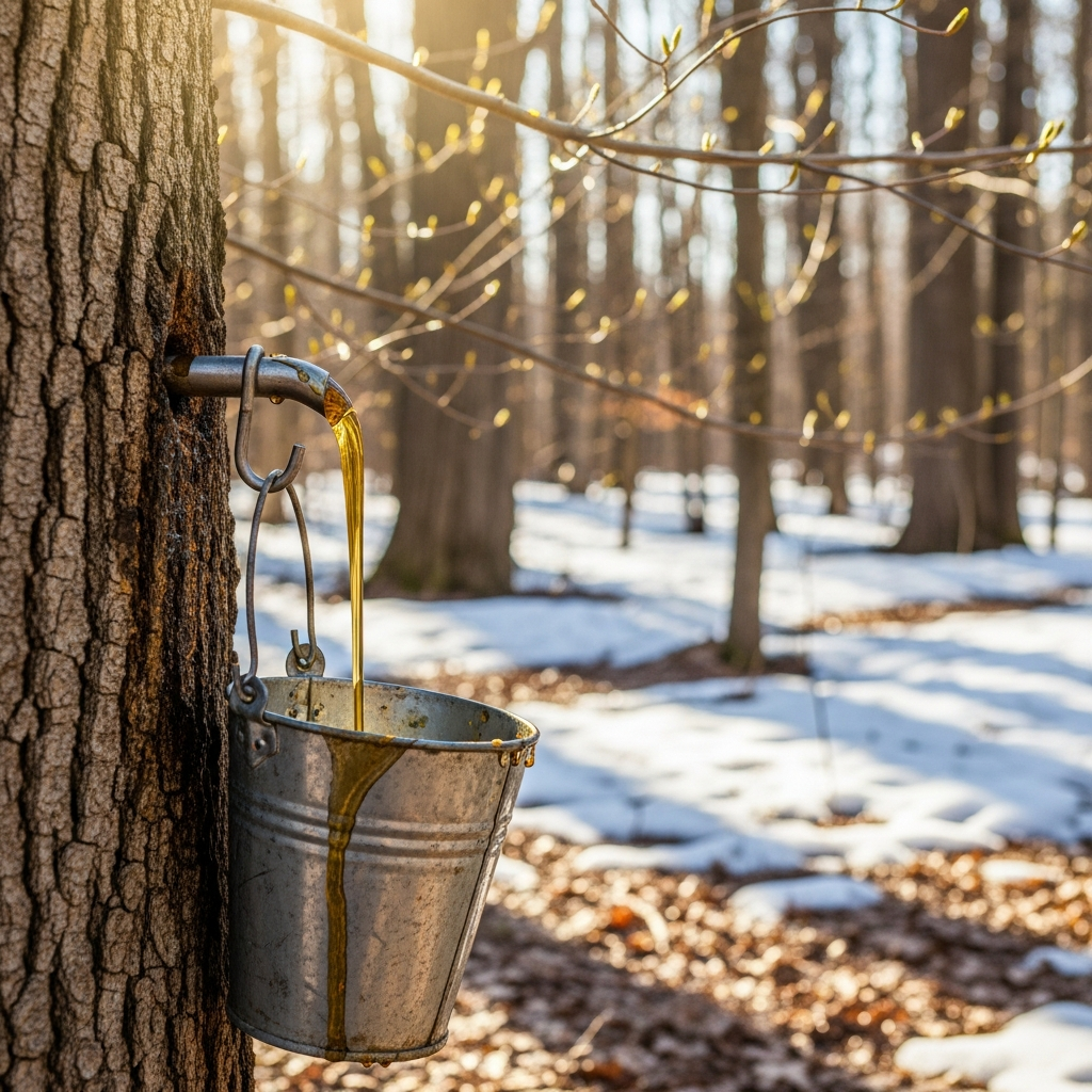 Maple syrup sap flowing from tap in Niagara region